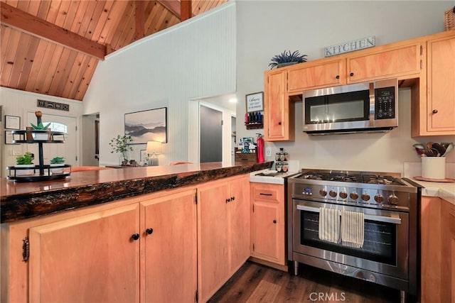 kitchen featuring stainless steel appliances, light brown cabinetry, dark wood-type flooring, wood ceiling, and beamed ceiling