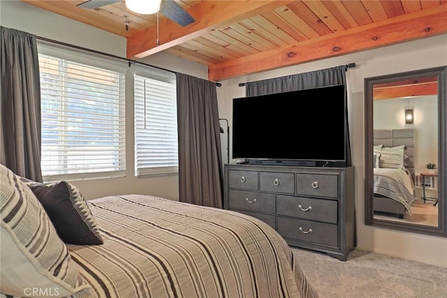 carpeted bedroom with a ceiling fan, wooden ceiling, and beamed ceiling