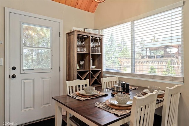 dining room with vaulted ceiling, wood ceiling, and a wealth of natural light