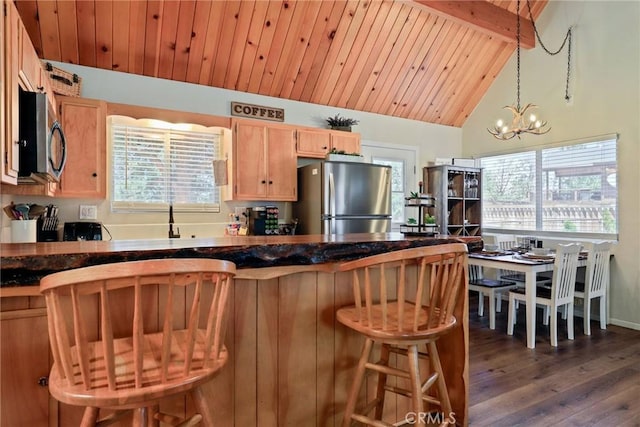 kitchen featuring dark countertops, wooden ceiling, appliances with stainless steel finishes, dark wood-type flooring, and vaulted ceiling with beams