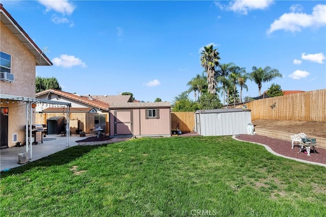 view of yard with a shed, a patio, and a fenced backyard