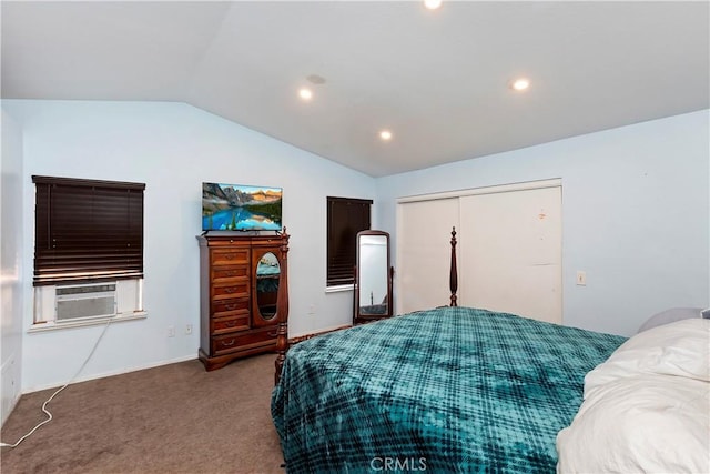 carpeted bedroom featuring lofted ceiling, recessed lighting, a closet, and baseboards