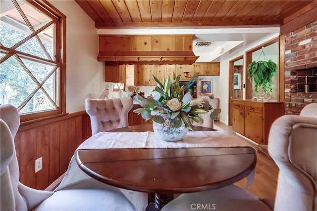 dining space with wooden ceiling, wooden walls, visible vents, and wainscoting