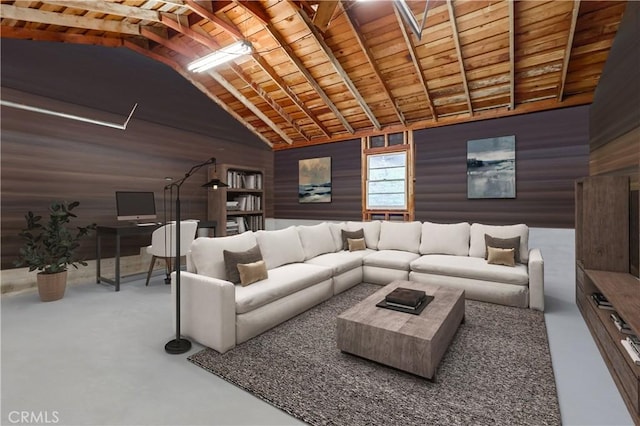 living area featuring concrete flooring, wood ceiling, wood walls, and high vaulted ceiling