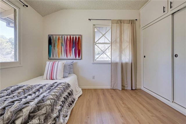 bedroom featuring a textured ceiling, a closet, light wood finished floors, and multiple windows