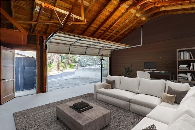 garage featuring wood walls and wood ceiling