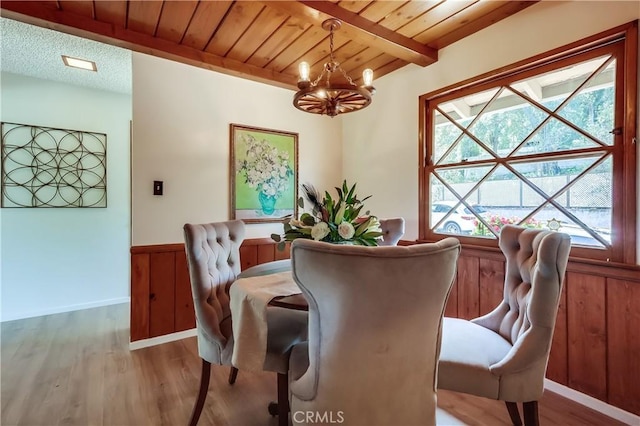 dining area with a wainscoted wall, wood ceiling, wood finished floors, an inviting chandelier, and beam ceiling