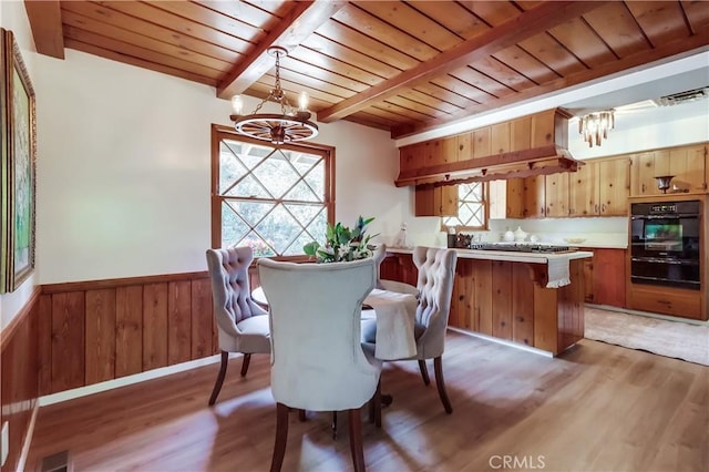 dining space featuring light wood-style floors, an inviting chandelier, wood ceiling, wainscoting, and beam ceiling