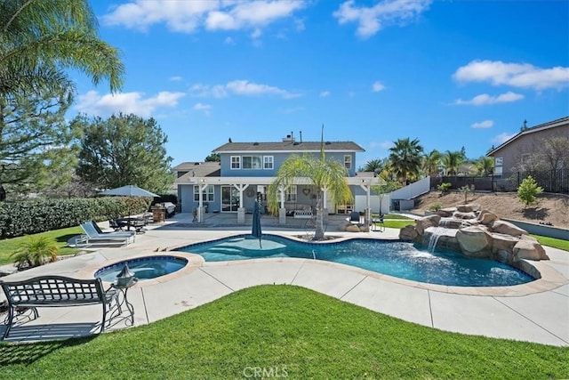 view of pool with a fenced in pool, a fenced backyard, an in ground hot tub, a yard, and a patio area