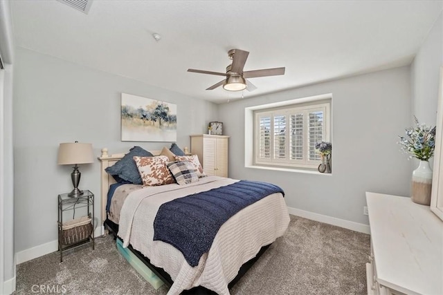 bedroom featuring visible vents, carpet, a ceiling fan, and baseboards