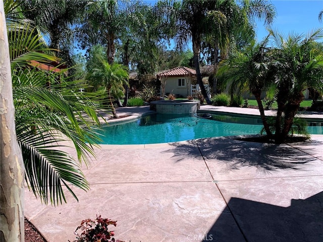 view of swimming pool featuring a patio and a pool with connected hot tub