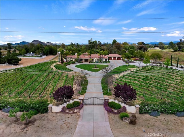 view of yard featuring a mountain view, fence, and a gate