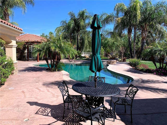 pool with a jacuzzi and a patio area