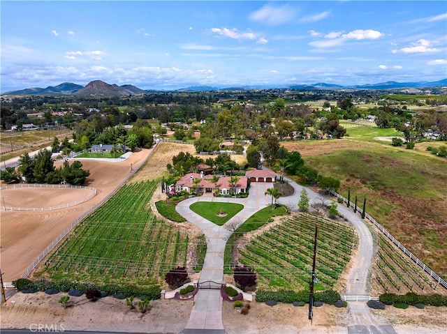 aerial view with a mountain view and a rural view