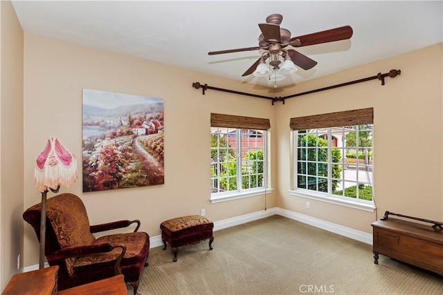 living area with a ceiling fan, carpet, and baseboards