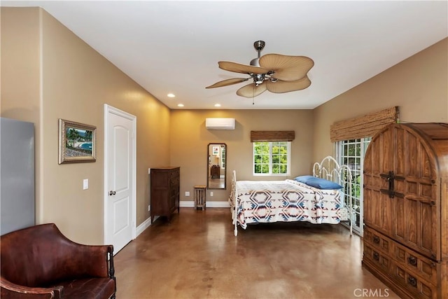 bedroom featuring finished concrete flooring, ceiling fan, baseboards, an AC wall unit, and recessed lighting