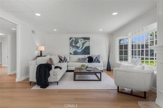 2851 Catalpa St, Newport Beach, CA 92660 - living room featuring ornamental molding, wood finished floors, visible vents, and recessed lighting