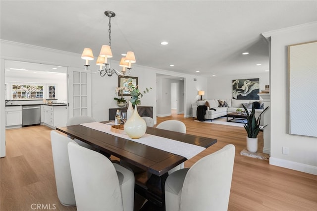 2851 Catalpa St, Newport Beach, CA 92660 - dining area featuring light wood-style floors, baseboards, crown molding, and recessed lighting