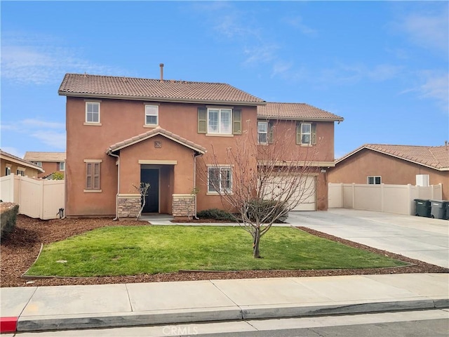 3434 Presidio Ln, Perris, CA 92570 - view of front of house with driveway, a tile roof, fence, and a front yard