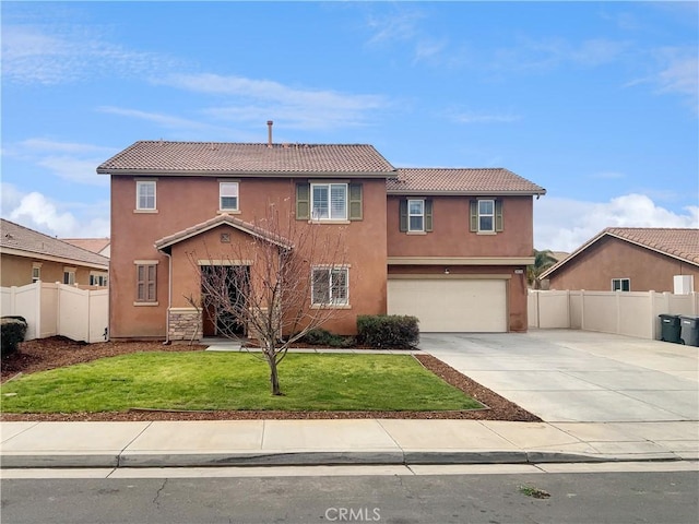 3434 Presidio Ln, Perris, CA 92570 - traditional-style home with a tile roof, concrete driveway, stucco siding, and fence