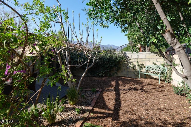 view of yard featuring a fenced backyard and a mountain view