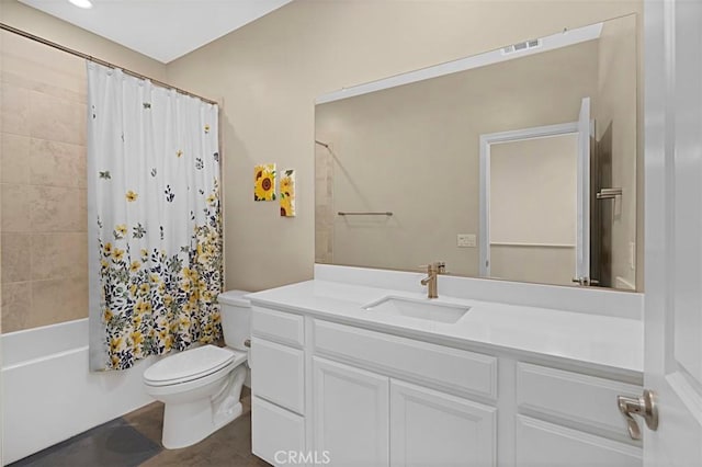 full bath featuring visible vents, toilet, shower / bath combo with shower curtain, vanity, and tile patterned flooring