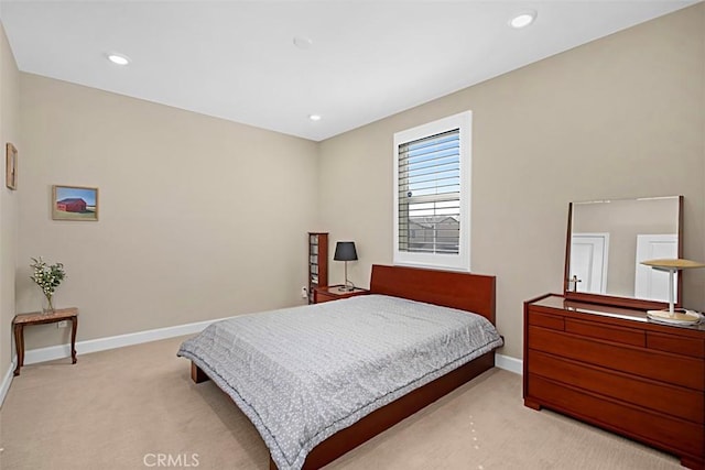 bedroom featuring carpet floors, recessed lighting, and baseboards