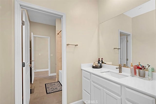 full bath featuring shower / bathing tub combination, vanity, and baseboards