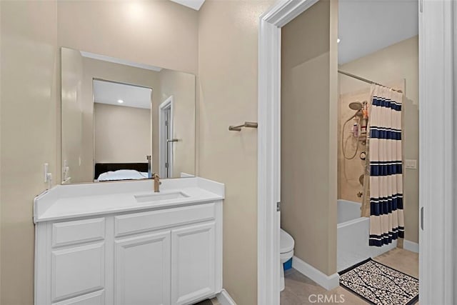 bathroom with shower / tub combo, baseboards, toilet, tile patterned flooring, and vanity