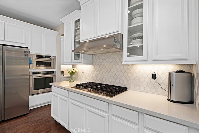 kitchen with glass insert cabinets, under cabinet range hood, white cabinetry, and stainless steel appliances