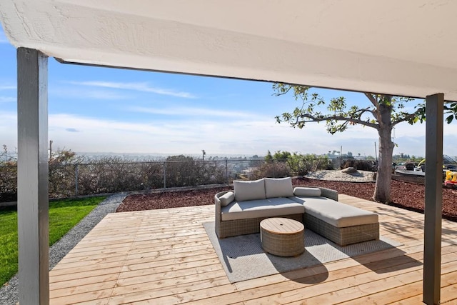 deck with fence and an outdoor hangout area