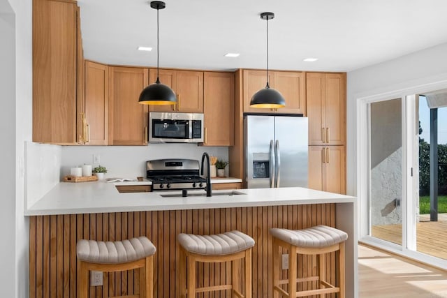 kitchen featuring stainless steel appliances, light countertops, a healthy amount of sunlight, a sink, and a peninsula