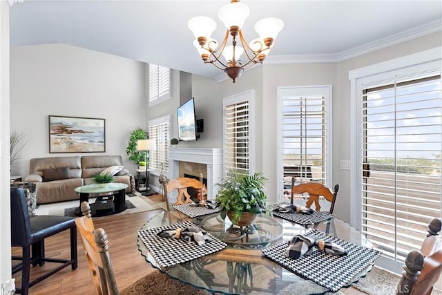 dining space featuring a wealth of natural light, a fireplace, an inviting chandelier, and wood finished floors