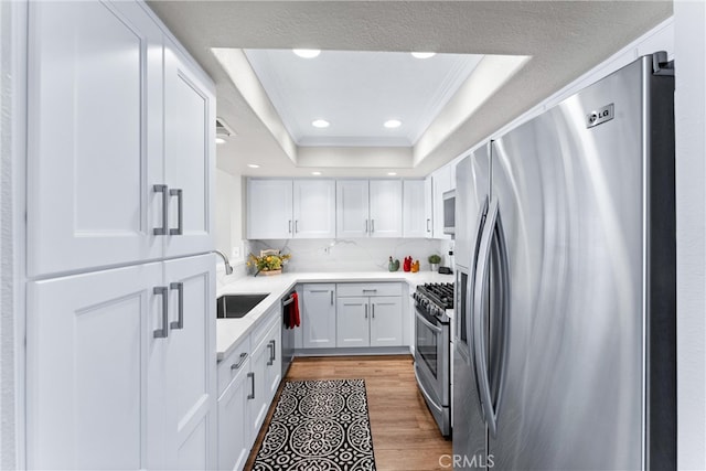 kitchen with white cabinetry, appliances with stainless steel finishes, a raised ceiling, and a sink