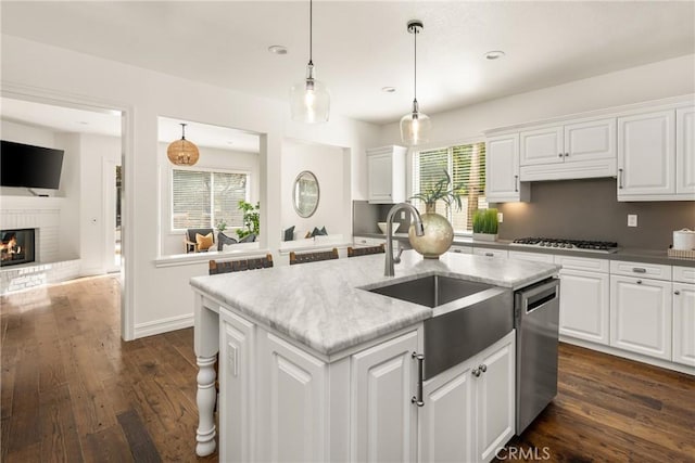 kitchen with white cabinets, dark wood finished floors, stainless steel appliances, a fireplace, and a sink