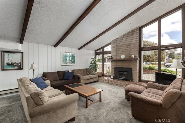 living room with carpet, an AC wall unit, a textured ceiling, and lofted ceiling with beams