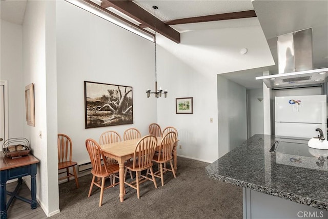 dining space with carpet, a notable chandelier, vaulted ceiling with beams, and baseboards