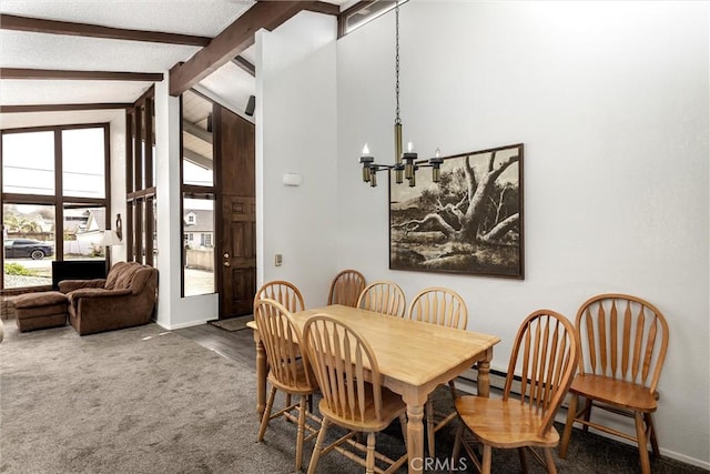 carpeted dining area featuring a chandelier, vaulted ceiling with beams, and baseboards