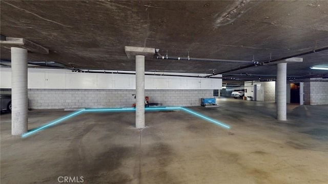 parking garage with concrete block wall