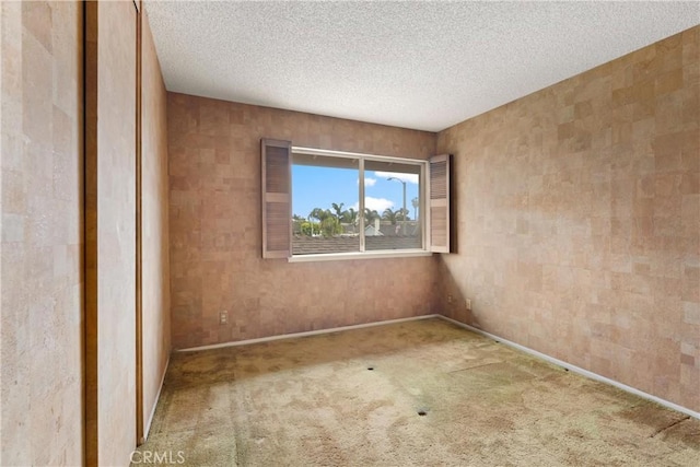 empty room featuring a textured ceiling, carpet, and baseboards