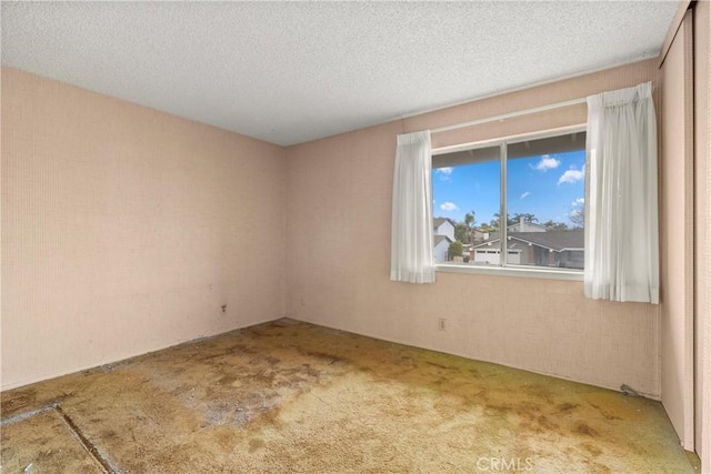 carpeted empty room with a textured ceiling