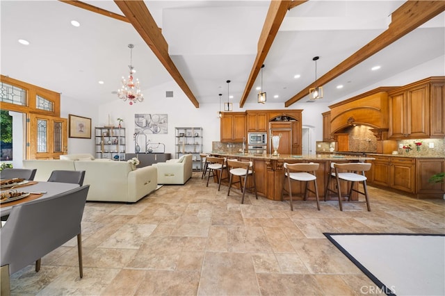 dining area with recessed lighting, vaulted ceiling with beams, and an inviting chandelier