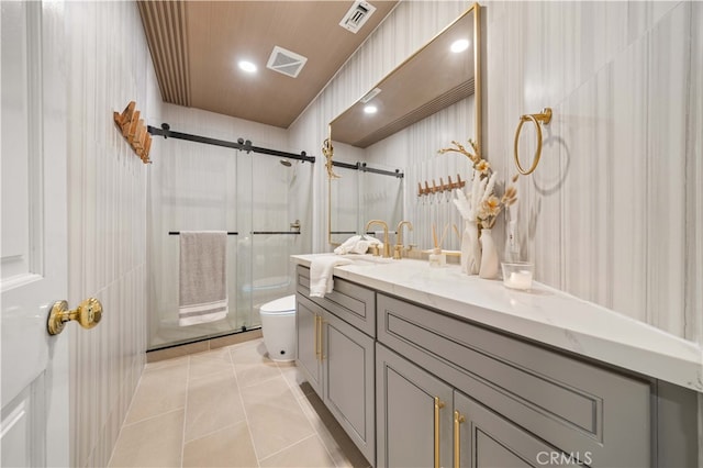 full bath featuring toilet, a stall shower, tile patterned flooring, and visible vents