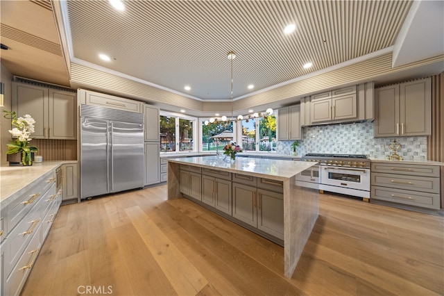 kitchen with gray cabinets, a raised ceiling, and high quality appliances