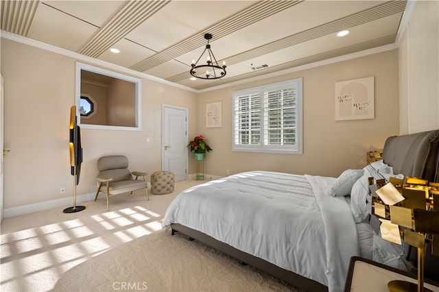 bedroom with baseboards, visible vents, crown molding, and carpet flooring