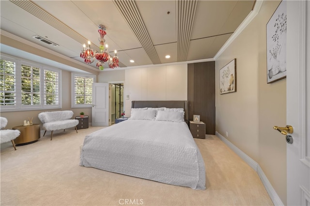 bedroom with baseboards, visible vents, ornamental molding, and light colored carpet