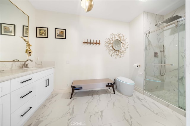 full bath with toilet, vanity, baseboards, marble finish floor, and a marble finish shower