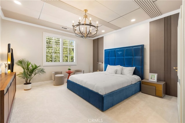 bedroom with light carpet, a notable chandelier, visible vents, and crown molding