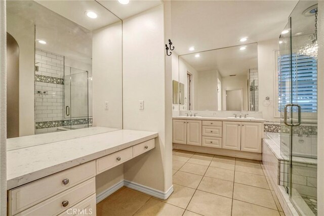 26803 Brookhollow Dr, Valencia, CA 91355 - full bath featuring double vanity, a shower stall, tile patterned flooring, recessed lighting, and baseboards
