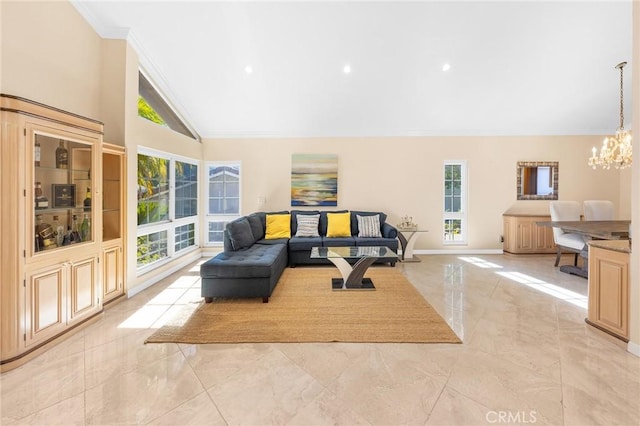 living area with baseboards, marble finish floor, vaulted ceiling, crown molding, and a notable chandelier